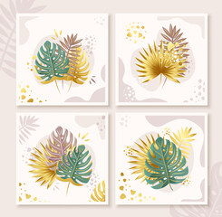 Fototapeta na wymiar Set of vector square illustrations. Bouquet of trendy golden tropical leaves on abstract background.