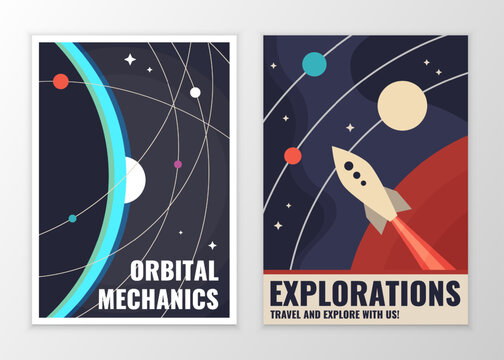 Vector retro vintage space posters. Illustrations of a traveling rocket in orbit.