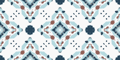 Ethnic Vector Ikat Geo Tile. Blue Abstract Wallpaper. Carpet Bohemian Ornament. Brown Design Ceramic. Scarf Hippie Geometric. Aztec Mosaic. Indigo Graphic Mosaic.