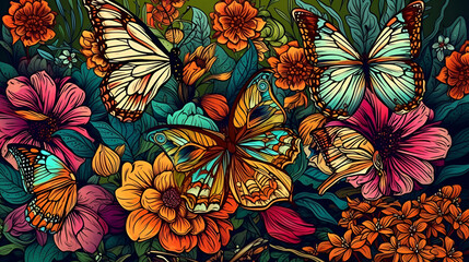 Colorful butterflies fly over colorful flowers. Generative illustration of AI. Digital visual content Generative AI
