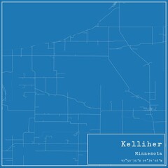 Blueprint US city map of Kelliher, Minnesota.
