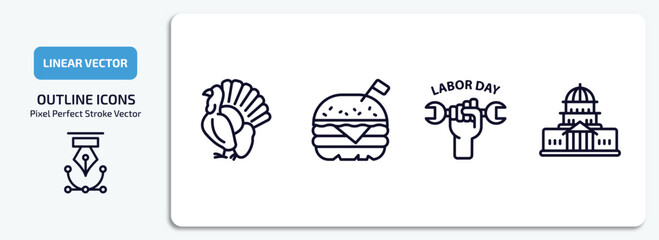 united states of america outline icons set. united states of america thin line icons pack included thanksgiving peacock, burger, labor day, washington vector.