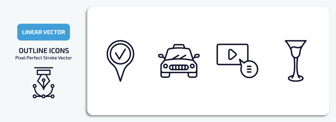 ultimate glyphicons outline icons set. ultimate glyphicons thin line icons pack included checked pin, taxi fron view, video comment, cocktail glass vector.