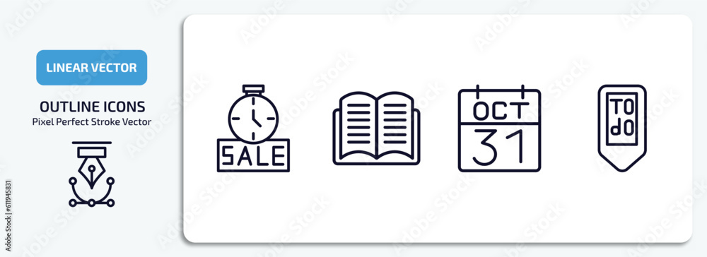Poster user interface outline icons set. user interface thin line icons pack included sale time, book opene