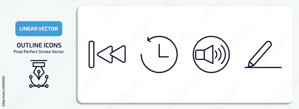 Poster user interface outline icons set. user interface thin line icons pack included backward track, past,