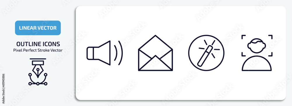Poster user interface outline icons set. user interface thin line icons pack included loud audio, email ope