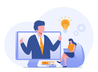 Online business course banner. presentation, teleconference, finance, teacher on laptop screen, people watching online course. Web courses or tutorials concept. Flat vector illustration