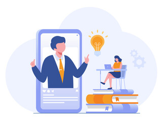 Online business course banner. presentation, teleconference, finance, teacher on laptop screen, people watching online course. Web courses or tutorials concept. Flat vector illustration