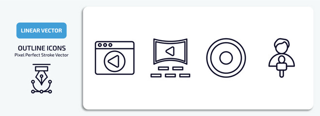 user interface outline icons set. user interface thin line icons pack included video in browser, cinema hall, radio button, news reporters vector.