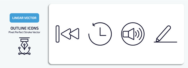 user interface outline icons set. user interface thin line icons pack included backward track, past, volume button, pen writing a line vector.