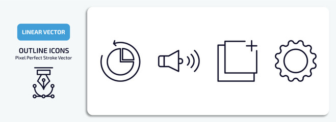 user interface outline icons set. user interface thin line icons pack included reload pie chart, round volume button, new tab button, tings cog vector.
