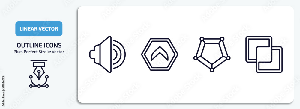 Poster user interface outline icons set. user interface thin line icons pack included sound on, top button,