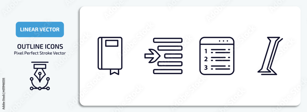 Poster user interface outline icons set. user interface thin line icons pack included ribbon from a book, i