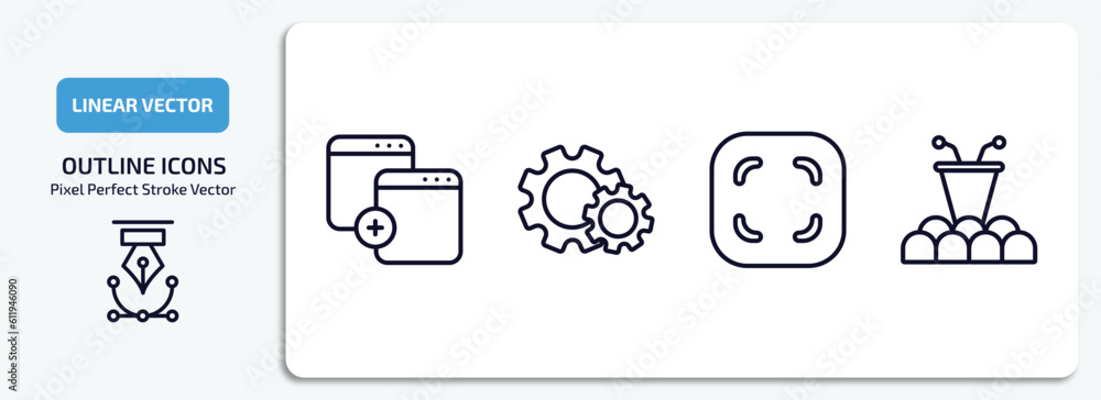 Poster user interface outline icons set. user interface thin line icons pack included new page, wheels, rou