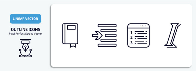 user interface outline icons set. user interface thin line icons pack included ribbon from a book, indent, numbering, italics vector.
