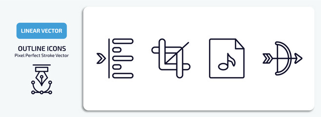 user interface outline icons set. user interface thin line icons pack included left side alignment, crop tool, music file, archer vector.