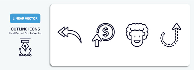 user interface outline icons set. user interface thin line icons pack included turn left only, improve incomes, emot, curly dotted arrow vector.
