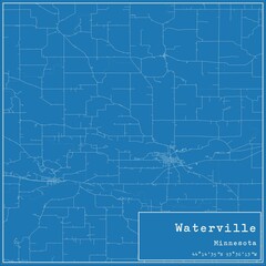 Blueprint US city map of Waterville, Minnesota.