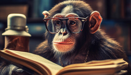 Eyeglasses genius monkey reading book and news for education in school on nature background. Animal and wildlife concept. Generative AI