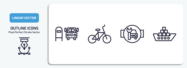 transportation outline icons set. transportation thin line icons pack included scholar bus stop, bicycle side view, workshop repair, cargo ship vector.