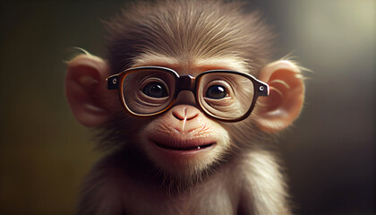 Eyeglasses genius monkey reading book and news for education in school on nature background. Animal and wildlife concept. Generative AI