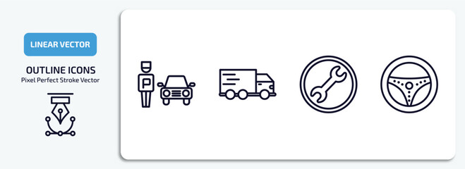 transport outline icons set. transport thin line icons pack included parking men, free transport, repair, steering vector.