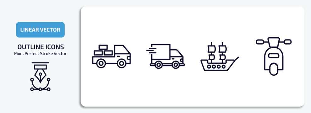 transport outline icons set. transport thin line icons pack included loaded truck side view, shipping and delivery, galleon, motorbike vector.