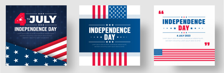 4th of July United States Independence Day celebration promotion advertising social media post banner, sticker, background, poster, card design set. Independence day USA festive decoration. usa flag