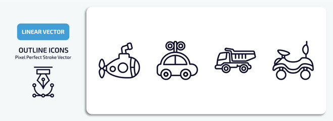 toys outline icons set. toys thin line icons pack included submarine toy, car toy, dump truck toy, ride on vector.