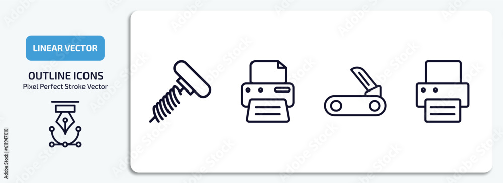 Poster tools and utensils outline icons set. tools and utensils thin line icons pack included auger, blank 