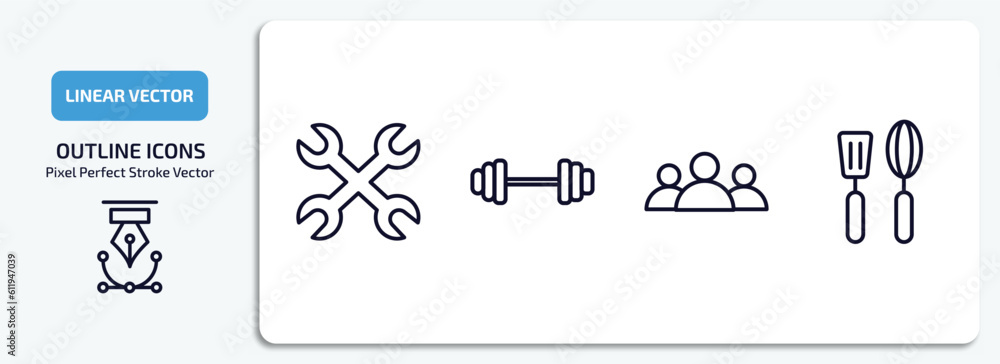 Poster tools and utensils outline icons set. tools and utensils thin line icons pack included cross wrench,