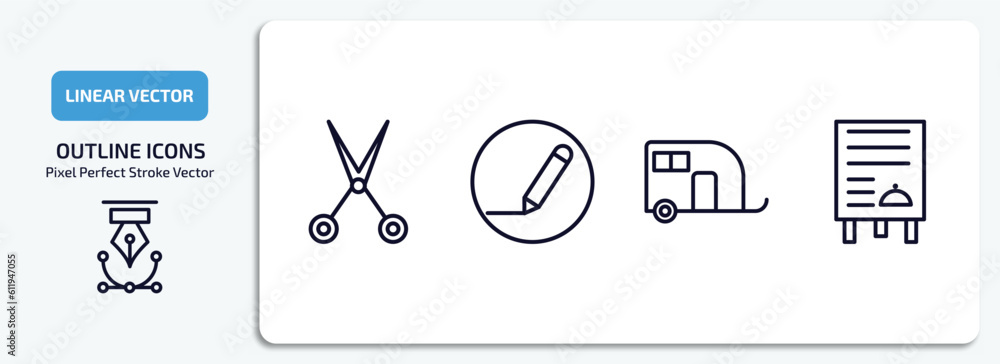 Poster tools and utensils outline icons set. tools and utensils thin line icons pack included open scissors
