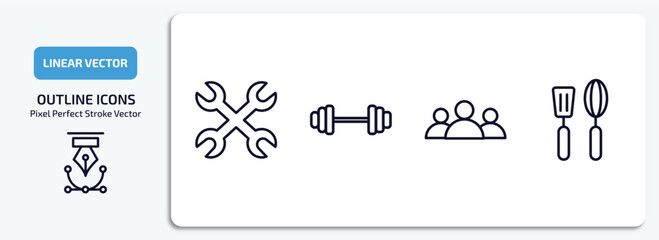 tools and utensils outline icons set. tools and utensils thin line icons pack included cross wrench, exercise with dumbbells, squad, kitchen tools vector.