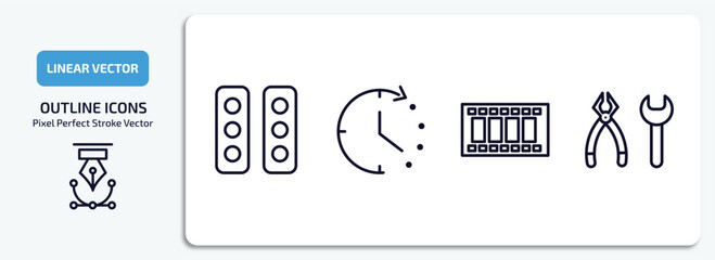 tools and utensils outline icons set. tools and utensils thin line icons pack included semaphore lights, time left, film strip photograms, tools and utensils vector.