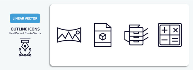 technology outline icons set. technology thin line icons pack included panoramic, cad, photocopier, mathematical operations vector.