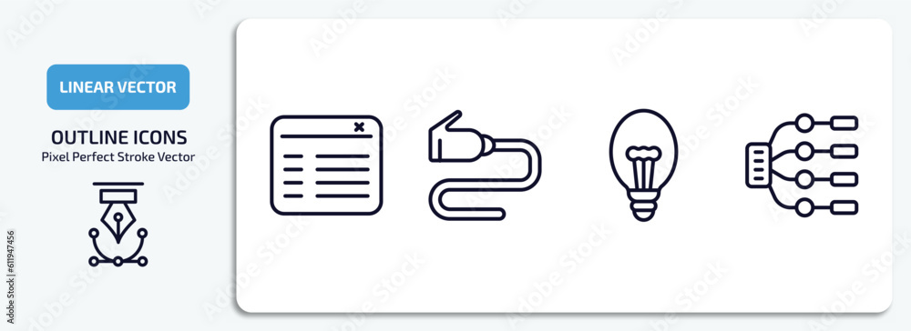 Poster technology outline icons set. technology thin line icons pack included attributes, wired connection,