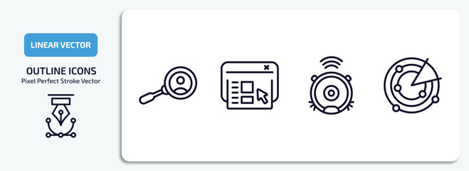 Fototapeta na wymiar technology outline icons set. technology thin line icons pack included user research, user interface, robot vacuum, radar sweep vector.