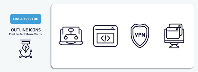 technology outline icons set. technology thin line icons pack included sitemaps, back end, vpn, virtual hine vector.