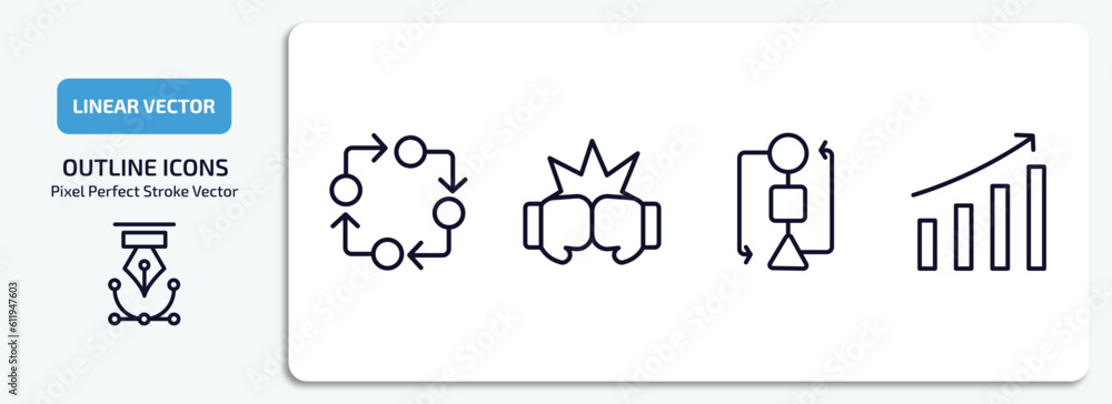 Poster startup stategy and outline icons set. startup stategy and thin line icons pack included procedure, 