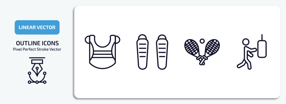 Sports Outline Icons Set. Sports Thin Line Icons Pack Included Chest Guard, Shin Guards, Tennis Game, Man Punching Vector.