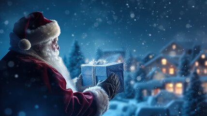 Santa claus holds a Christmas present in his hands. Concept of Christmas gifts and Christmas miracle. Generative AI
