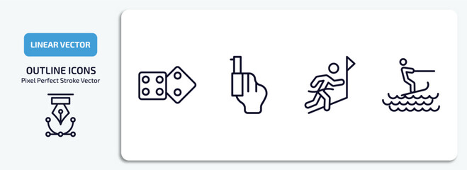 sports outline icons set. sports thin line icons pack included board gaming, starting gun, winning the race, surf sea vector.