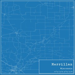 Blueprint US city map of Merrillan, Wisconsin.