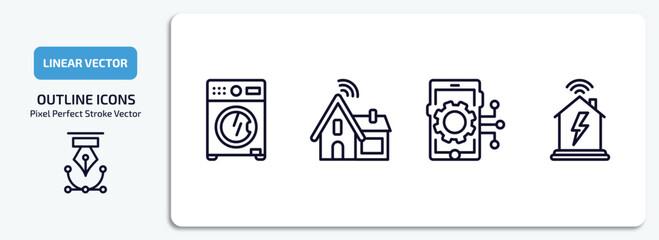 smart home outline icons set. smart home thin line icons pack included washer hine, household, mobility, power vector.