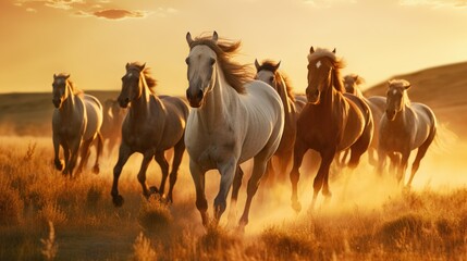 herd of wild horses galloping freely through a vast landscape. The manes fly in the wind and the hooves leave traces in the soft grass. The sun casts warm light on the animals - generative AI