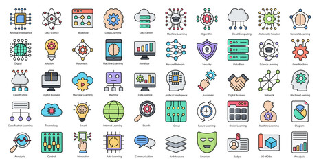 Machine Learning Line Color Icons Artificial Intelligence Icon Set in Filled Outline Style 50 Vector Icons