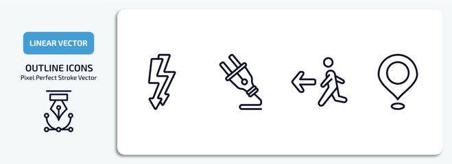 signs outline icons set. signs thin line icons pack included electric current, plug, emergency exit, placeholders vector.