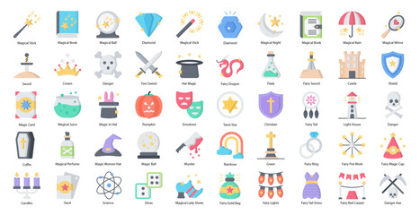 Magic & Fairy Flat Icons Witch Wizard Icon Set in Color Style 50 Vector Icons 