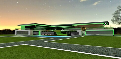 Design of nighttime illumination for a luxurious villa with green lights. White glowing borders on the lawn. 3D rendering.