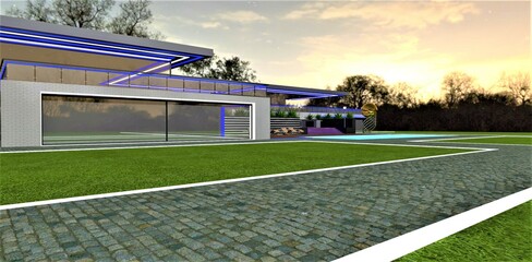 Twilight at the magnificent villa with evening illumination of its contemporary exterior. Granite pathways with white glowing borders on a well-maintained lawn. 3D rendering.